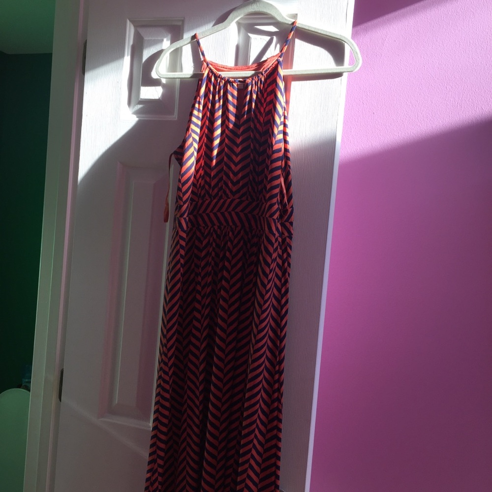 Orange and blue striped maxi dress